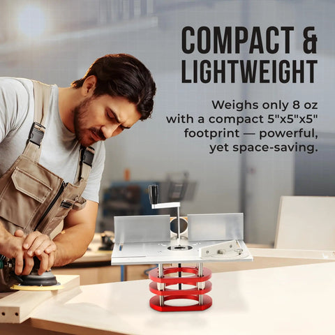 Adjustable Insert Plate Router Lift With Double Stainless Steel Support Rods For 64 To 66 Millimeter Trimming Machine Aluminum Under Table Base Hella Durable Badass Precision Woodworking Upgrade In Vibrant Red on a wooden table.