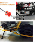 Red chain roller tensioner wheel guide for motorcycle and ATV 8mm 10mm, shown installed on minibike, part of universal fit kit.