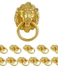 Lion Head Cabinet Pull Handle Set 12 Pack With Ring Pulls in Gold Finish, showcasing all pieces with lion head design.