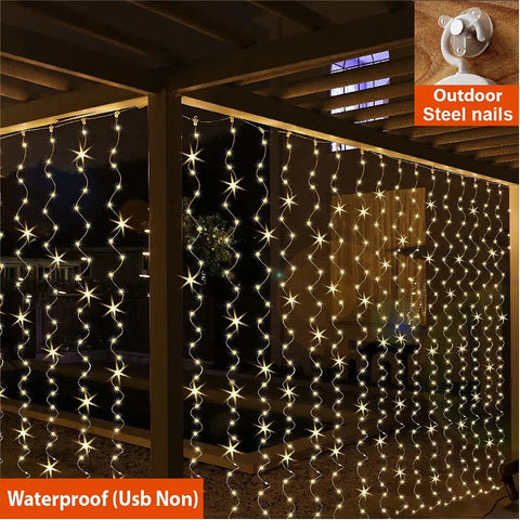 300 LED Curtain Fairy Lights with Remote 8 Modes USB Plug In Twinkle Silver Wire on patio at night