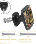 Four Pack Square Cabinet Knobs Set Black Glass and ABS Handles showing floral and fence design with screw sizes shown