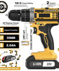 Heavy Duty Workhorse 20V Cordless Drill And Driver Tool Kit With 10Mm Keyless Chuck shows 18+3 torque settings and LED light.