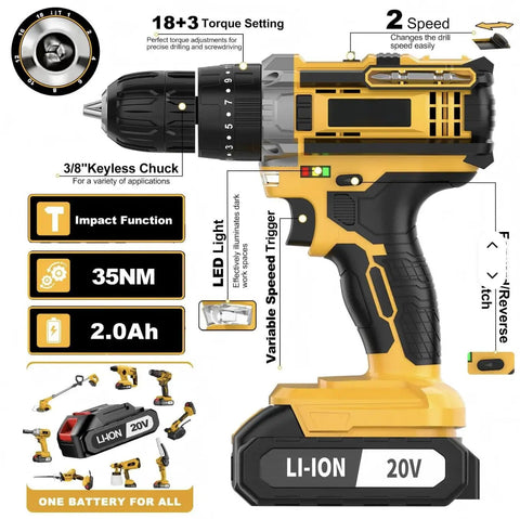 Heavy Duty Workhorse 20V Cordless Drill And Driver Tool Kit With 10Mm Keyless Chuck shows 18+3 torque settings and LED light.