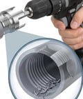 Nifty 4 In 1 Pvc Pipe Threader Kit Cuts Threads Taps Grooves And Preps Fittings For 1/2 3/4 And 1 Inch Pipes using a drill on PVC pipe.