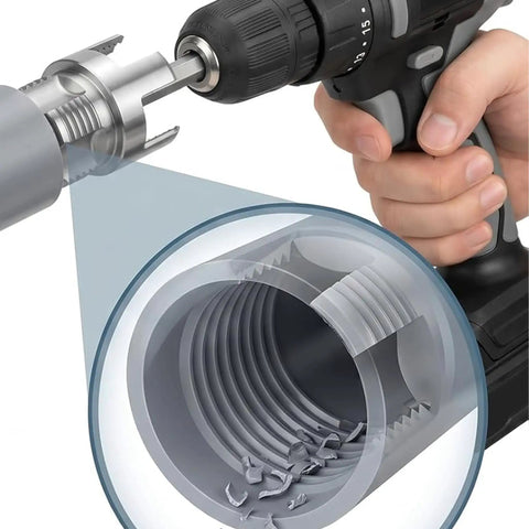 Nifty 4 In 1 Pvc Pipe Threader Kit Cuts Threads Taps Grooves And Preps Fittings For 1/2 3/4 And 1 Inch Pipes using a drill on PVC pipe.