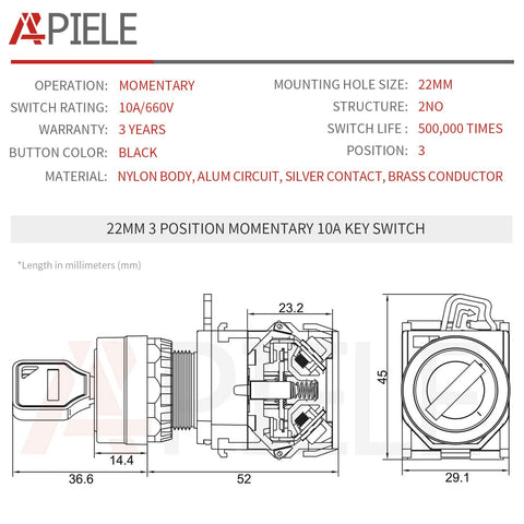 22mm Key Switch 440V 10A 2NO 3 Position Momentary with Aluminum Head, Four Terminal, Silver Contacts, Ideal for Auto and Bike Mods and Control Electronics. Diagram view with dimensions.