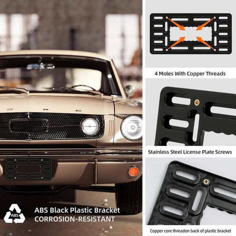 No Drill Front License Plate Bracket Kit For Cars, SUVs, And Trucks with ABS frame and copper threaded holes shown on car
