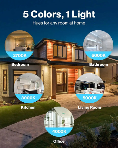 5 color options displayed on a home exterior for 6 Pack 4 Inch Ultra Thin LED Recessed Ceiling Lights With Canless Wafer Junction Box 800 Lumens Dimmable 2200K Amber Glow Slim Housing Easy Install For Insulated Ceilings