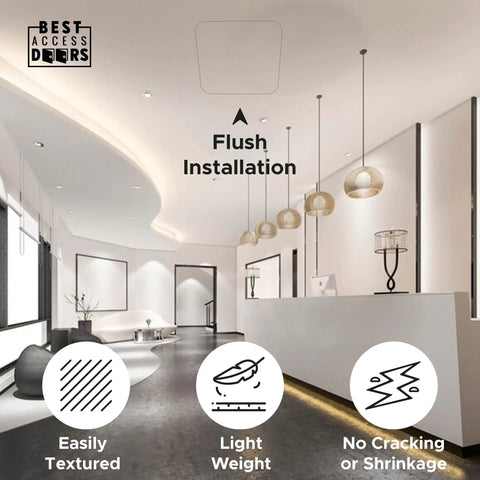 No Sweat 18 x 18 Flush Mount Ceiling Access Panel Built Like A Tank With Glass Fiber Reinforced Gypsum installed flush in modern ceiling.