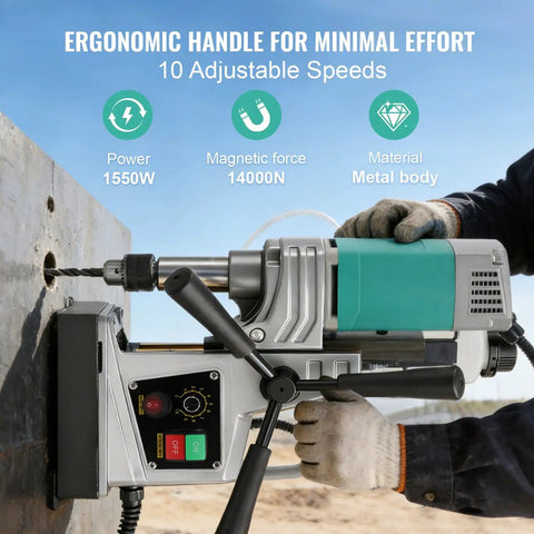 Badass Portable Magnetic Drill Press Powerful Professional 1550W Copper Motor And Two Inch Bore Variable Speed Up To 820 Rpm Smooth Operator For Steel Cutting Includes Tough Core Bits showing ergonomic handle and controls.