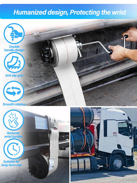 Heavy Duty Winch Strap Winder For Flatbed Trailers And Truck Trailers Solid Steel Roll Up Hand Roller in use on trailer
