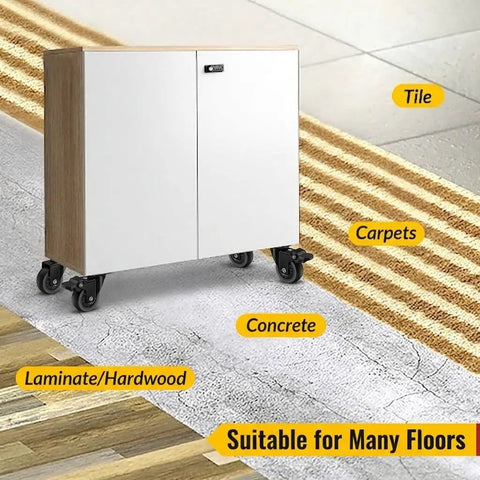 Dead Quiet 2 Inch Low Profile Caster Wheels For Furniture on a cabinet, suitable for multiple floor types like tile and carpet.