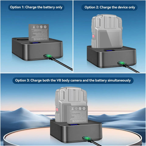 V8 Body Camera Charging Dock And 3-In-1 Station With Live Led Indicators showing charging options for body cam and battery.