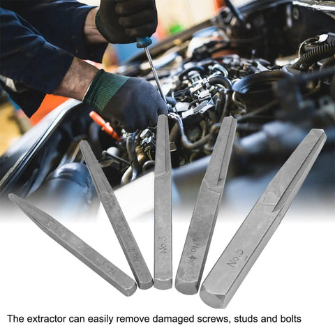 Premium 5 Pc Set Square Easy Out Bolt Extractors For Effortless Removal Of Stripped Screws And Broken Studs This Versatile Tool Makes Any DIY Job A Breeze By Grabbing Damaged Fasteners Like A Pro. 5-piece carbon steel square extractors for removing stripped screws and broken studs in an engine bay