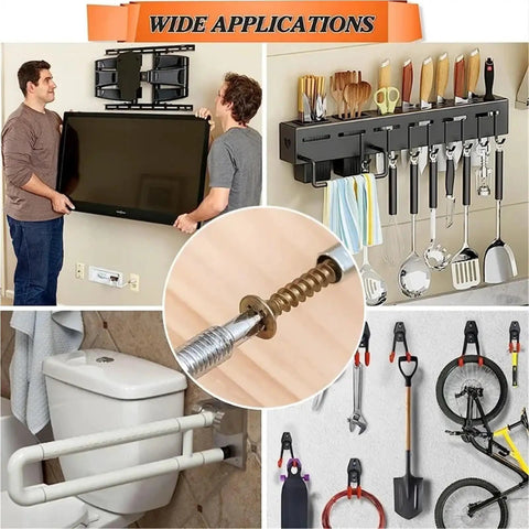 Heavy Duty Wall Anchor Kit With Self Drilling Screws, Serrated Steel Drywall Anchors, Yellow Zinc Plated Carbon Steel, No Prep Install, 200 Sets For Secure Shelving And Mounts. Wall anchor kit shown with TV, kitchen, bathroom, and bike storage uses