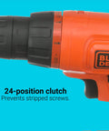 Close-up of 20V Cordless Drill Driver Kit With 100 Piece Bit And Socket Set 24 Position Clutch Soft Grip Handle Battery Included