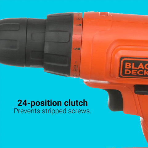 Close-up of 20V Cordless Drill Driver Kit With 100 Piece Bit And Socket Set 24 Position Clutch Soft Grip Handle Battery Included