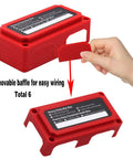 Tough As Nails 300A Power Distribution Block Waterproof Bus Bar Box With Four M8 Terminal Studs Heavy Duty Battery Junction Panel for Marine Auto and RV Electrical Setups 12 Volt Black Red, with removable baffle.