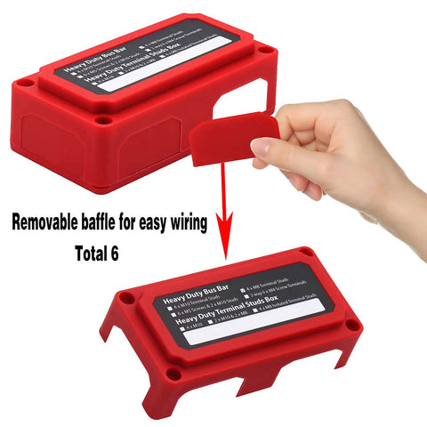 Tough As Nails 300A Power Distribution Block Waterproof Bus Bar Box With Four M8 Terminal Studs Heavy Duty Battery Junction Panel for Marine Auto and RV Electrical Setups 12 Volt Black Red, with removable baffle.