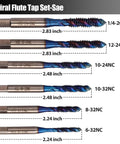 Spiral Flute Tap Set 6-Piece SAE Thread Tapping Kit For Metal Wood And Plastic with six sizes from 6-32NC to 1/4-20NC