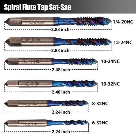 Spiral Flute Tap Set 6-Piece SAE Thread Tapping Kit For Metal Wood And Plastic with six sizes from 6-32NC to 1/4-20NC