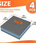 Heavy Duty Rubber Anti-Vibration Pad Kit 4x4 Inch With Blue EVA Center Isolation Pad diagram with size and dimensions.