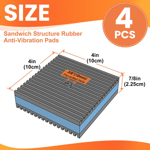 Heavy Duty Rubber Anti-Vibration Pad Kit 4x4 Inch With Blue EVA Center Isolation Pad diagram with size and dimensions.