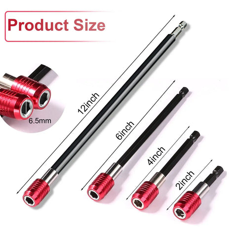 Drill Bit Extension Set 4 Pcs Magnetic Bit Holder Bar Chuck Adapter Extender Heavy Duty One Quarter Inch Hex Quick Release
