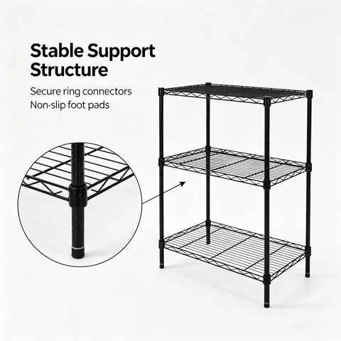 Heavy Duty 3 Tier Wire Shelving Rack, Adjustable Freestanding Storage Organizer showing stable support structure and non-slip leveling feet.