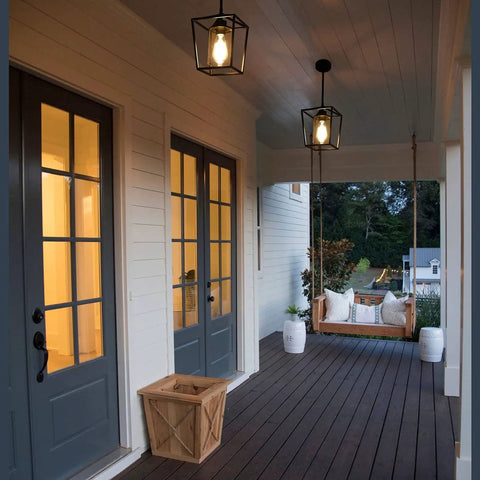 Dope Industrial Black Pendant Light 1 Light For Kitchen Island With Iron Cage Lantern And Clear Glass Shade on porch ceiling.