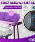 Eight Pack Microfiber Mop Pads For Swiffer PowerMop 13 To 15 Inch Washable Reusable Replacement Heads, stacked purple pads with washing machine