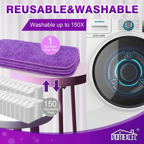 Eight Pack Microfiber Mop Pads For Swiffer PowerMop 13 To 15 Inch Washable Reusable Replacement Heads, stacked purple pads with washing machine