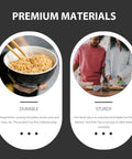 Heavy Duty No Burn Bowl Gripper Slick Stainless Steel Heat Resistant Pot Tongs Non Slip Dish Lifter with noodles in black bowl.