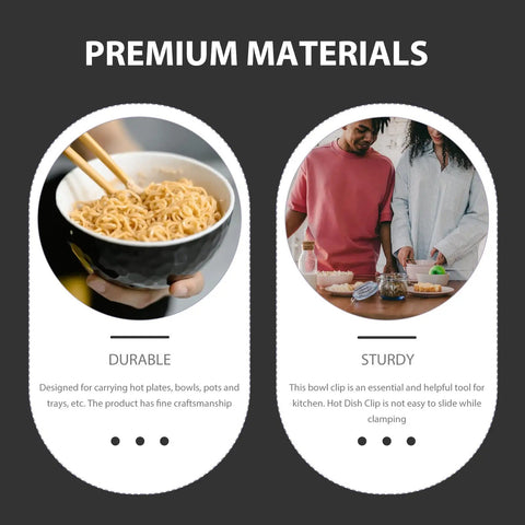 Heavy Duty No Burn Bowl Gripper Slick Stainless Steel Heat Resistant Pot Tongs Non Slip Dish Lifter with noodles in black bowl.