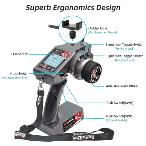 Beefed Up 7 Channel RC Transmitter With Waterproof Gyro Receiver featuring ergonomic design and labeled controls for convenient use.