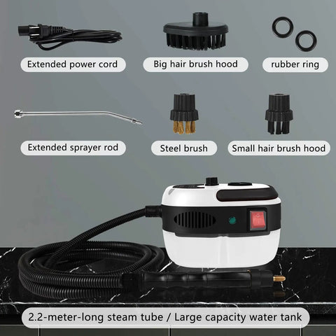 Heavy Duty 2500W Handheld Steam Cleaner With 3 Quick Swap Brushes Rapid Heating Portable Steamer with attachments and long steam tube.