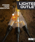 Beefy Heavy Duty 50Ft 10 Gauge Outdoor Lighted Extension Cord With 3 Outlets 15 Amp SJTW Yellow Weather Resistant Copper