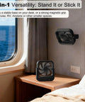 Slick Magnetic Travel Cooling Fan Built Tough For Cruise Cabins And Beach Vacations Upgraded Rechargeable; shown on desk and wall.