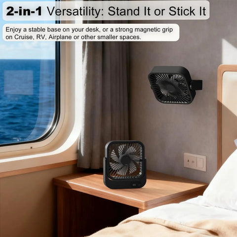 Slick Magnetic Travel Cooling Fan Built Tough For Cruise Cabins And Beach Vacations Upgraded Rechargeable; shown on desk and wall.
