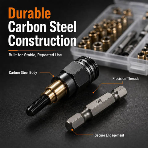 Close-up of Zero Hassle Carbon Steel Rivet Nut Tool Set Loaded With M3 Through M8 Metric Heads showcasing the M6 hex bit and carbon steel body.
