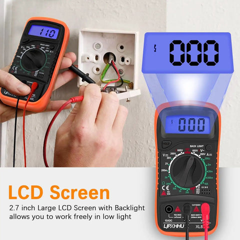 Go-To DIY Ready Multimeter Volt Meter 2000 Counts Digital Tester showing backlit LCD display in use