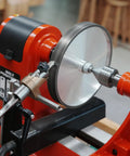 Top Shelf Woodturning Lathe Tool Rest Sharpening System Kit For Wood Chisels Grinding Jig With CBN Wheel Mount Uses One Eight Thread And Five Eighth Bore Setup For Dead On Precision Every Day, showcasing sharpening jig in use.