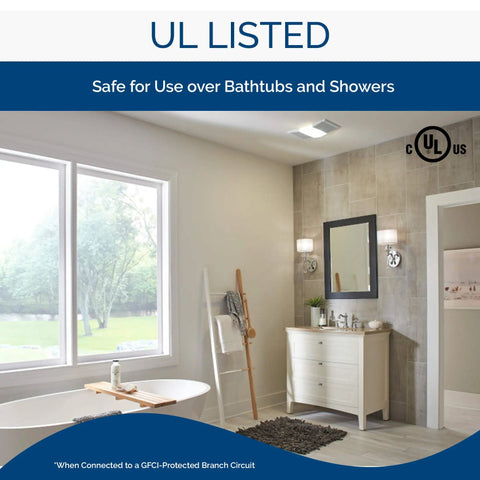 Modern bathroom with Dope Ceiling Bathroom Exhaust Fan And Light Combo With 70 CFM, white grille, over vanity area.