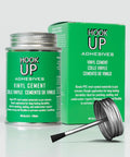 Vinyl Contact Cement Adhesive, Waterproof Fast Drying Glue 4oz jar with brush and packaging in green, for pools and more.