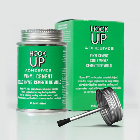 Vinyl Contact Cement Adhesive, Waterproof Fast Drying Glue 4oz jar with brush and packaging in green, for pools and more.