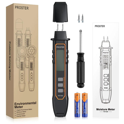 Pocket Moisture Meter With 7 Modes And Detachable Pins For Wood, Compact DIY Wood Tester For Lumber And Furniture, Pocket Sized Probes For Easy Replacement, Quick Accurate Readings, black handheld tool with box and spare pins