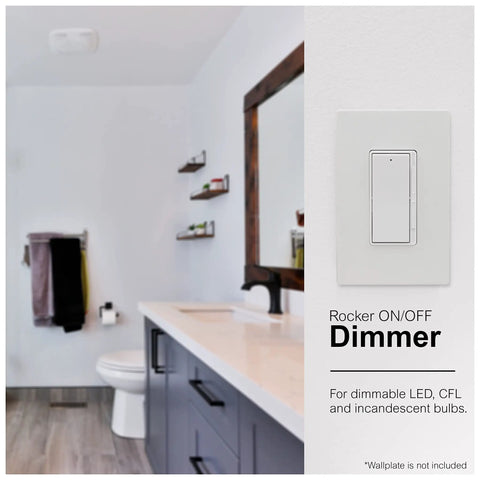 Rocker Dimmer Switch For LED Lights With On Off Paddle Full Range Dimming Single Pole Or 3 Way in modern bathroom setting