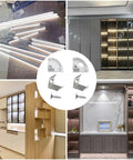 LED Channel Aluminum Track Kit with 24 Clips, End Caps, Diffuser and Screws installed in modern cabinets and shelves.