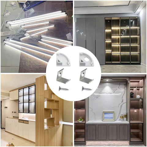LED Channel Aluminum Track Kit with 24 Clips, End Caps, Diffuser and Screws installed in modern cabinets and shelves.