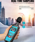 Hand holding Decibel Meter Sound Level Meter For Precise Real Time Noise Readings From 30 dB To 130 dB Fast Response And High Accuracy.